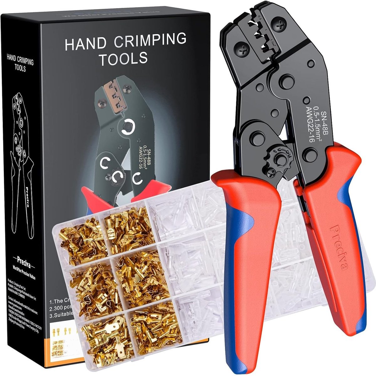 Kabelkrimptang voor Spade Connectors, Ratchet Crimping Tool 0.5-1.5mm²/AWG22-16, Inclusief 600 Stuks Messing Kabelset, Ideaal voor Elektrische Verbindingen en Huishoudelijk Gebruik