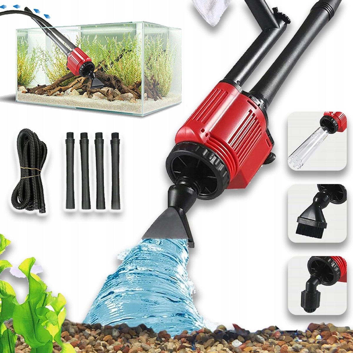 Elektrische Aquarium Reinigingsset - 28W Waterpomp 1800 L/U Opvoerhoogte Van 2 Meter Regelbare Waterstroom - Schrapen, Borstelen, Zand Wegspoelen En Beluchten - Rood En Zwart