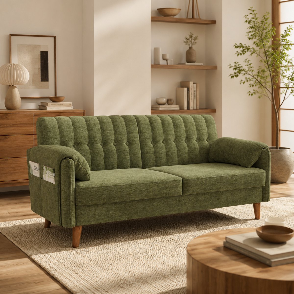 Welltin Bank - Tweezitsbank - 2-zits bank - Comfortabele zitbank - Ergonomisch - 161x79x83 cm - Met opbergtas - Met dik zitkussen - Met armleuningen - Chenillestof - Bankpoten van massief hout - Geschikt voor slaapkamers en kleine ruimtes - Groen