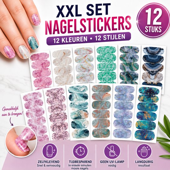 XXL set nagelstickers in 12 kleuren en 12 stijlen, met marmer en edelsteen patronen.