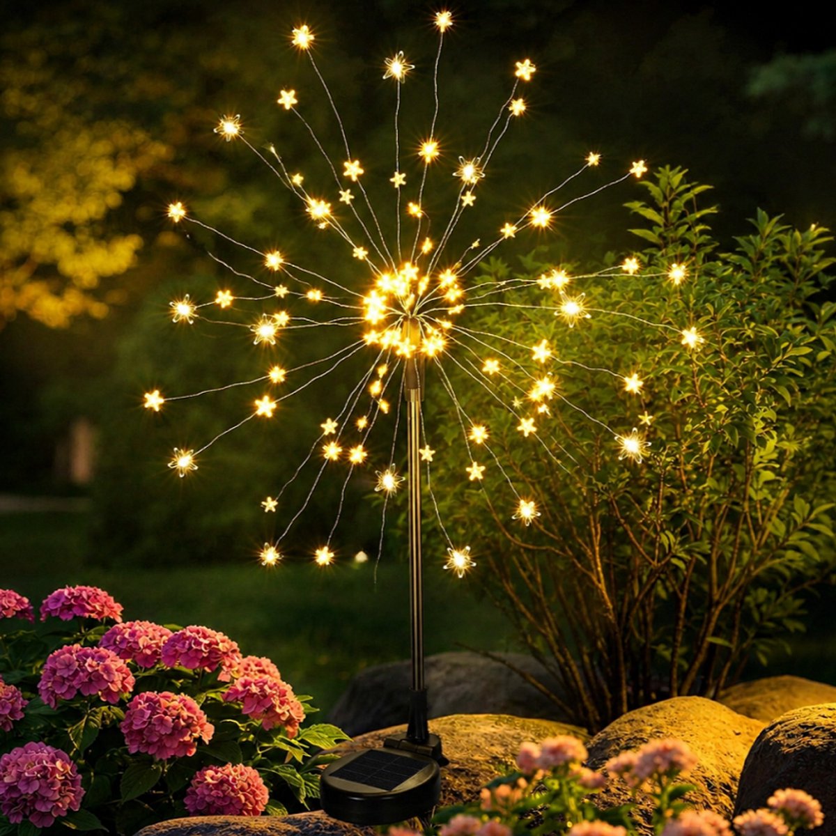 Solar-Buitenverlichting – Vuurwerklamp In Stervorm – Tuinlamp Met Grondpen – Warm Licht (60 Leds) – Waterdicht – Per Stuk – Geschikt Voor Buitendecoratie En Een Feestelijke Sfeer