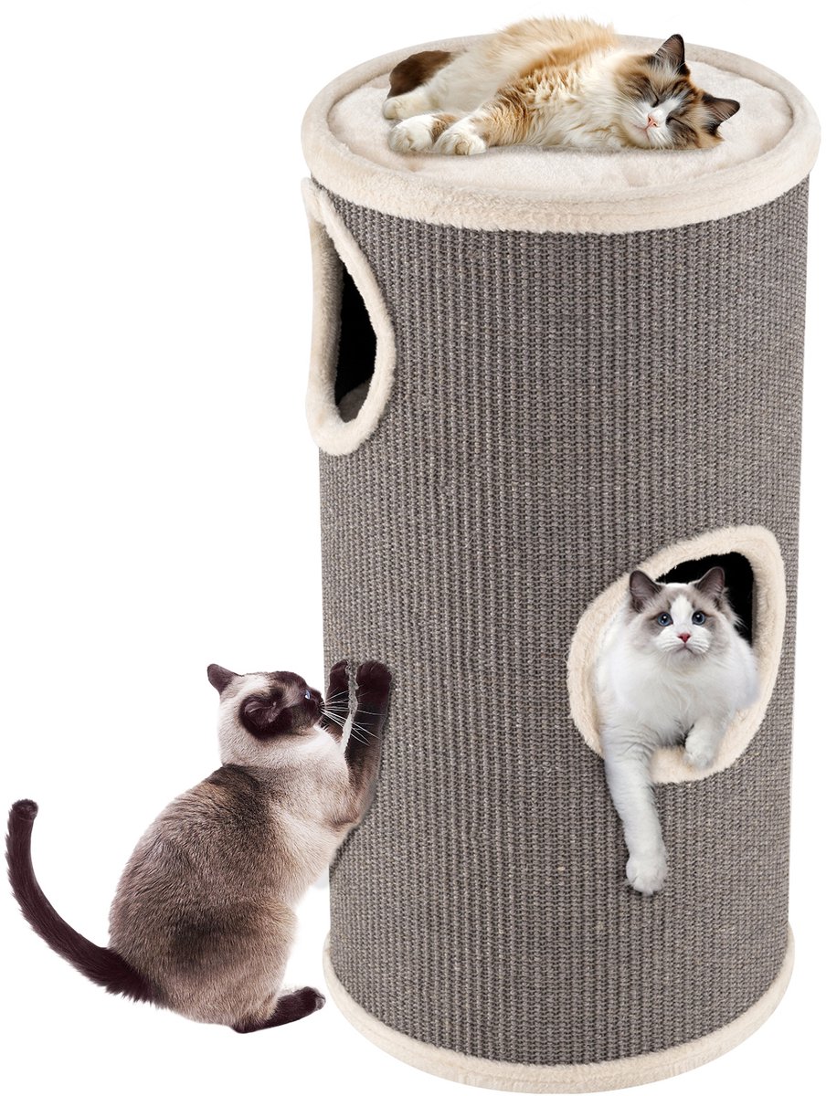 COSTWAY Krabpaal, Ø 36 cm, 70 cm hoog, krabpaal voor katten met sisal-krabplank, 3 kattenholletjes, pluche bed & pluche rand, 4-verdiepingen krabpaal, voor kleine en middelgrote katten tot 15 kg