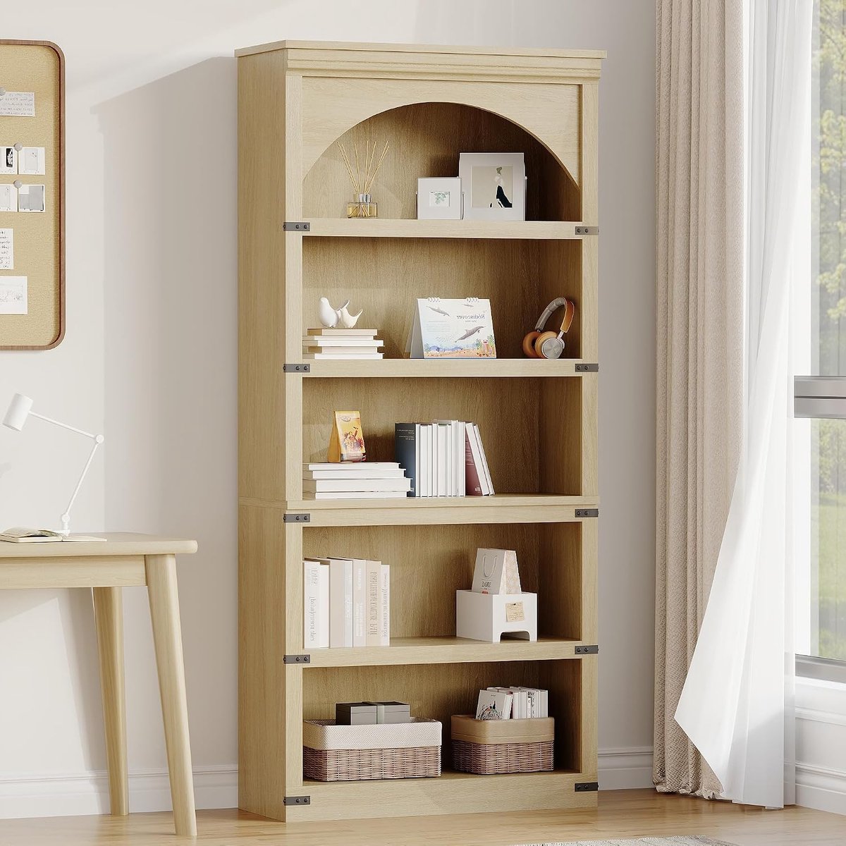 Vintage Boekenkast Hoog 5 Lagen - 80x30x174.5cm - Boogvormige Boekenkast - Open Opbergkast - Gebogen Opbergrek - Voor Kantoor Woonkamer - Houtkleur