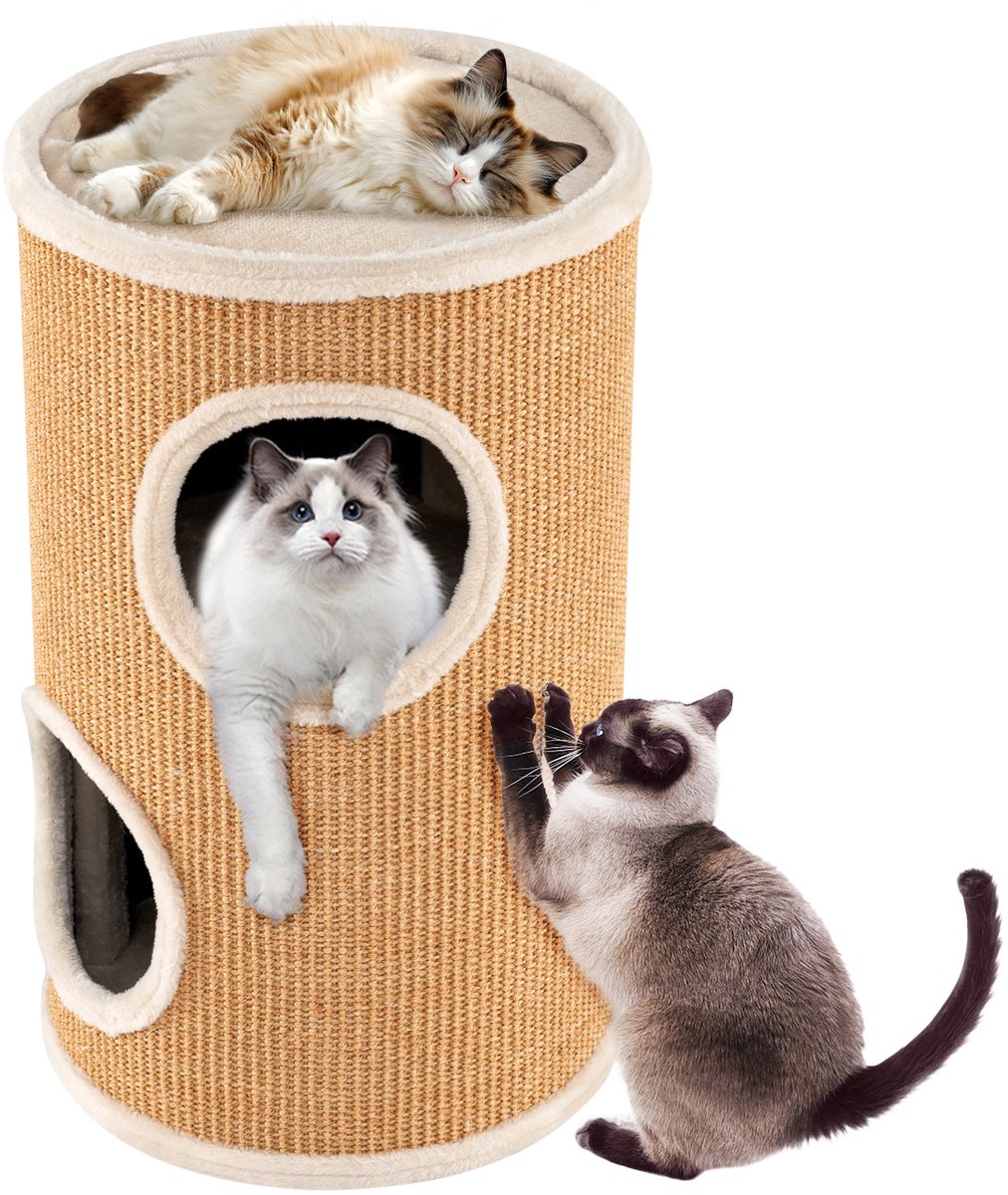 COSTWAY Krabton met een diameter van 36 cm, hoogte 59,5 cm, kattenton met sisal-krabplank, 3 kattenholletjes, pluche bed en pluche rand, krabpaal met 4 verdiepingen, voor kleine en middelgrote katten