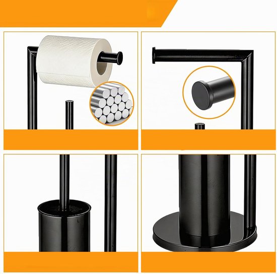 Zwarte toiletrolhouder met details van de rolhouder en de borstel.