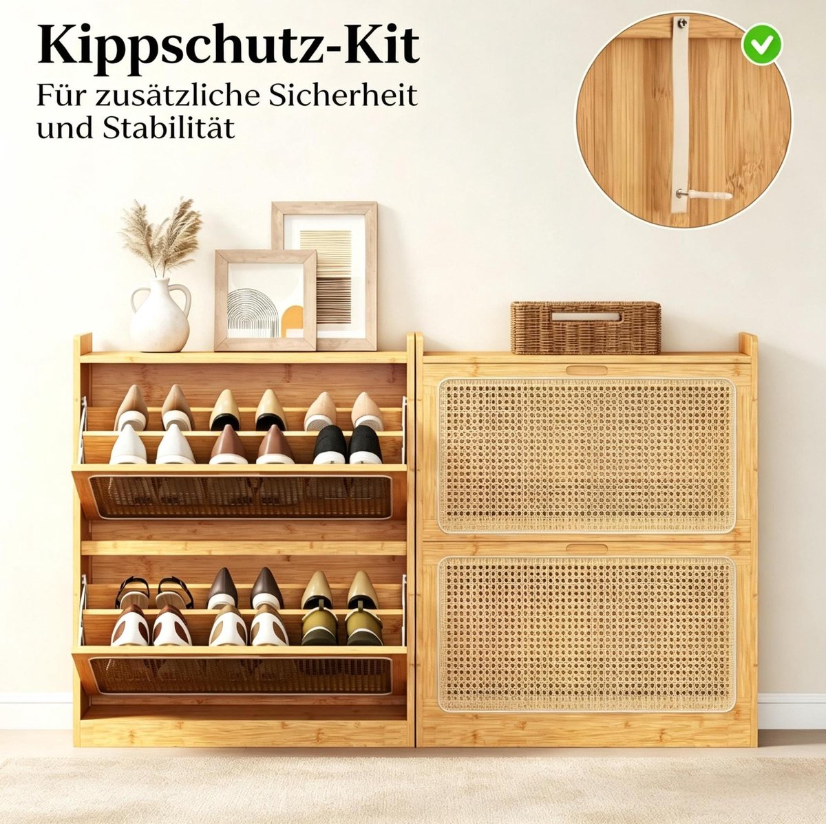 OKWISH Schoenenkast Met 2 Kiepvakken En Verstelbare Planken, Anti-Kantelband, Voor Smalle Gang, Bamboe Naturel, 69 Cm X 29 Cm X 83 Cm
