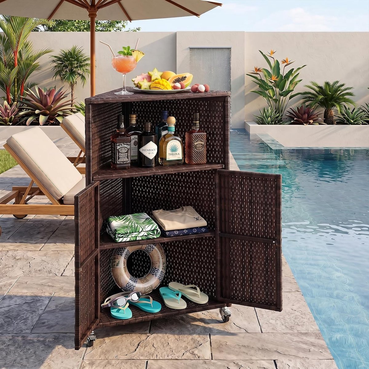 Buitenkast voor Tuin - Hoekkast met 2 Open Planken en 2 Deuren - PE Rattan met Metalen Frame - Verrijdbaar met 3 Wielen - Tuinkast voor Tuin, Terras, Balkon en Zwembad