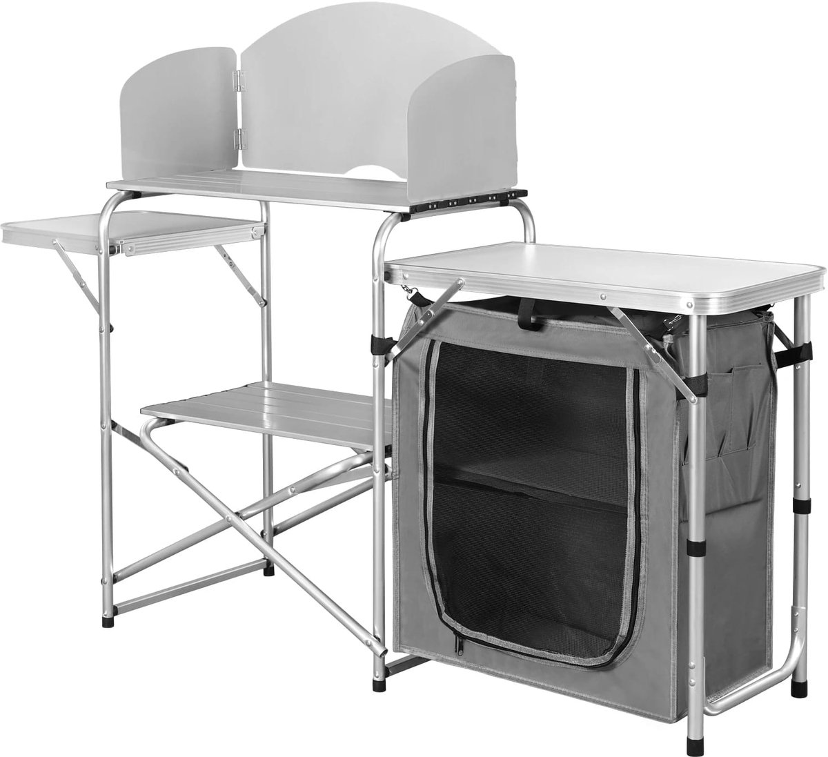 Klarven® Camping Keuken Wit grijs - Opvouwbaar met Windscherm en Meerdere Opbergvakken - Aluminium Frame, 60 kg Capaciteit, Draagtas inbegrepen - B 40 x D 147 x H 111 cm