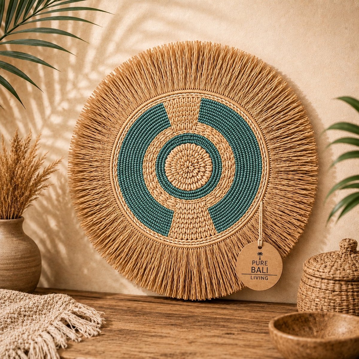 Wanddecoratie – Wandbord Turquoise & Naturel – Handgemaakt in Bali – Boho Muurdecoratie – Ø45 cm – Pure Bali Living