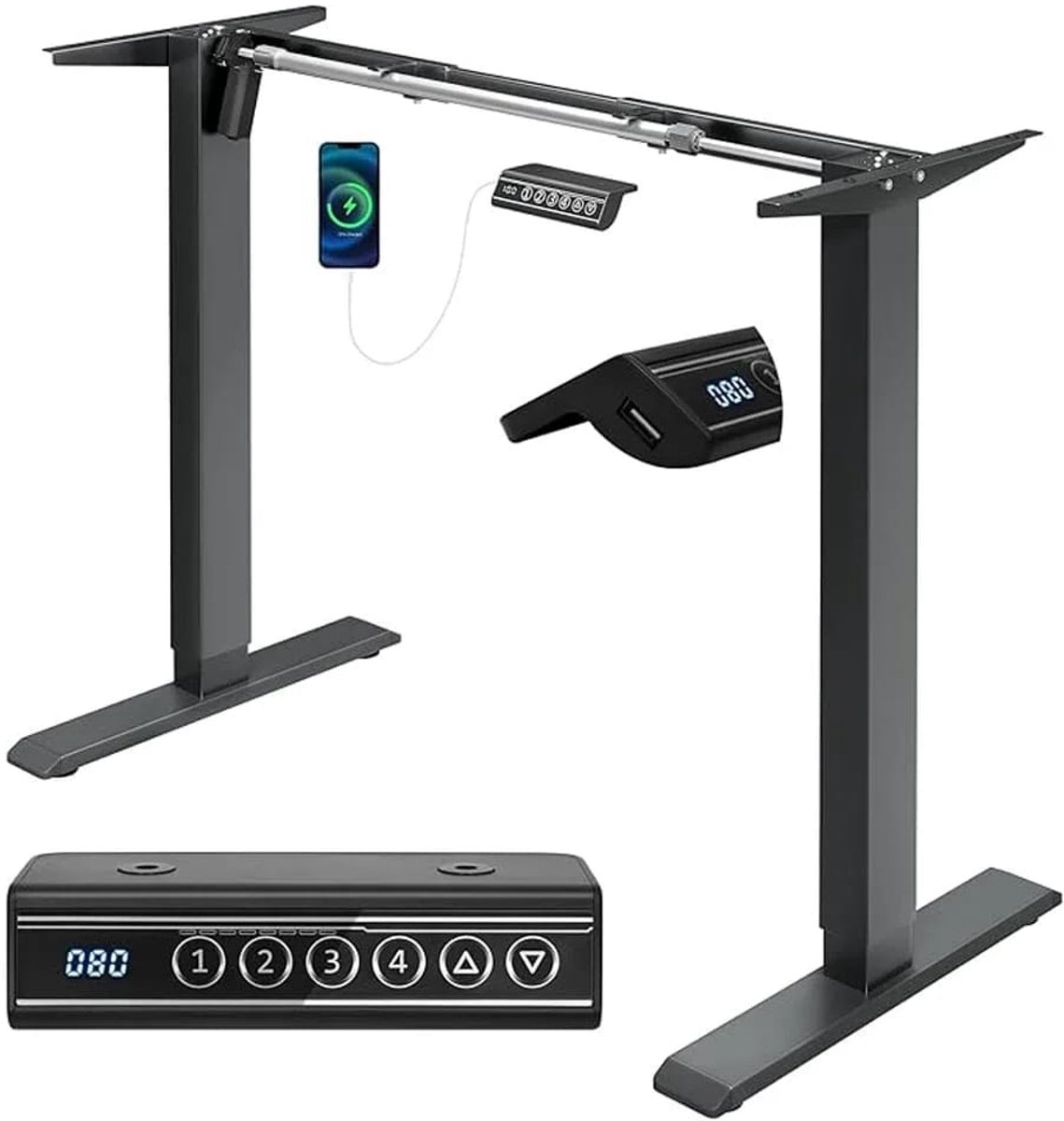 Klarven® Elektrisch verstelbaar bureauframe Donkergrijs - 4 geheugenposities en USB-poort - Hoogte instelbaar, stil motorgeluid onder 50 dB - B 90-135 x D 55,5 x H 72-120 cm