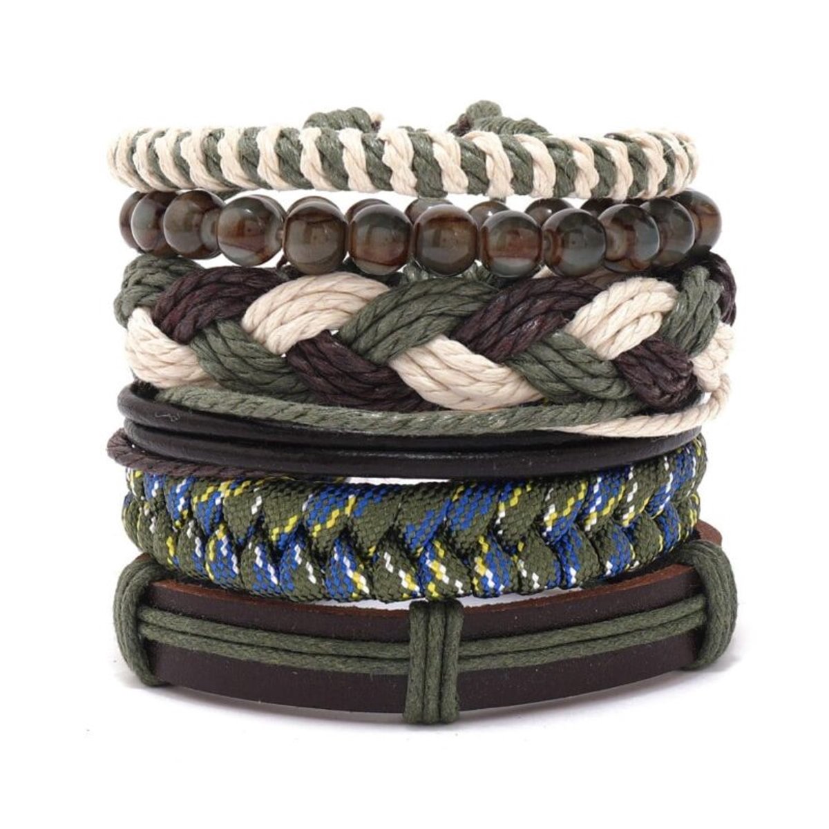 Heren Armbandenset 6-Delig Groen Bruin – Verstelbare Surfer Armbandjes met Koord & Elastische Kralenarmband – Boho Stijl
