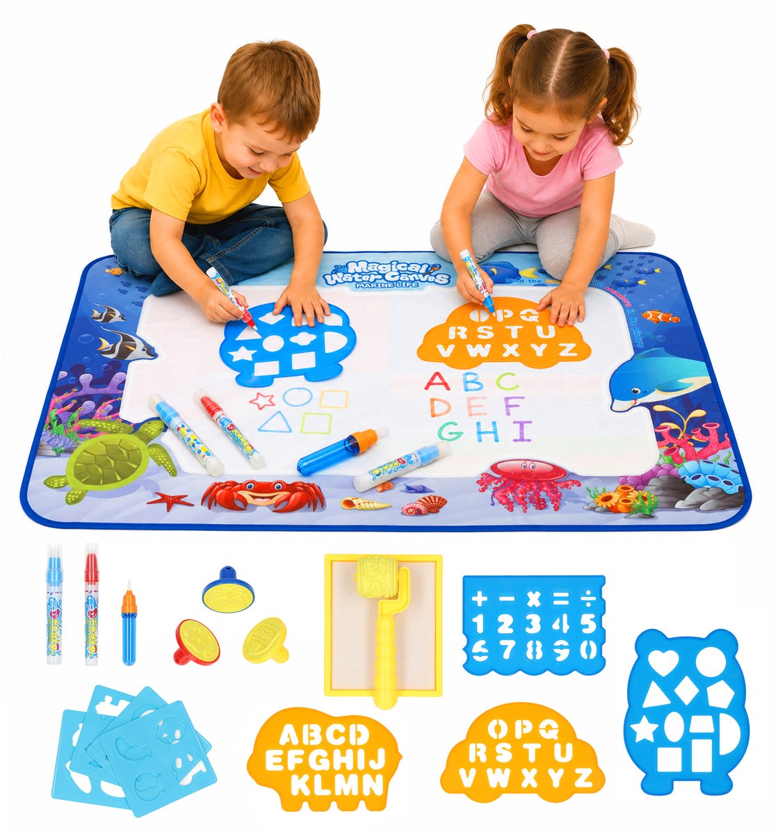 Silvergear Water Tekenmat voor Kinderen - Met 18 Accessoires - Waterspeelmat Zonder Geknoei - Watermat - Tekenbord - Speelmat - Waterspeelgoed - Speelkleed - Educatief Montessori Speelgoed - Cadeau voor Jongens en Meisjes - 3, 4, 5, 6, 7, 8, 9+ Jaar