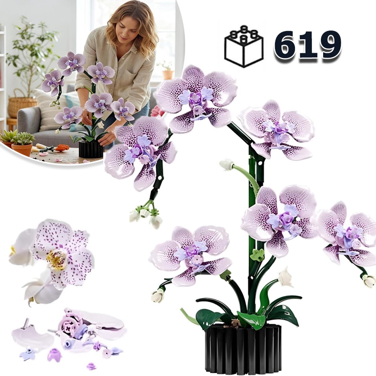 619-Delige Orchideeën Bonsai Bouwblokken - Roze Paarse En Witte Bloemen Kleurecht ABS Onderhoudsvrij - Creatieve Decoratie En Een Cadeau Voor Eeuwige Liefde
