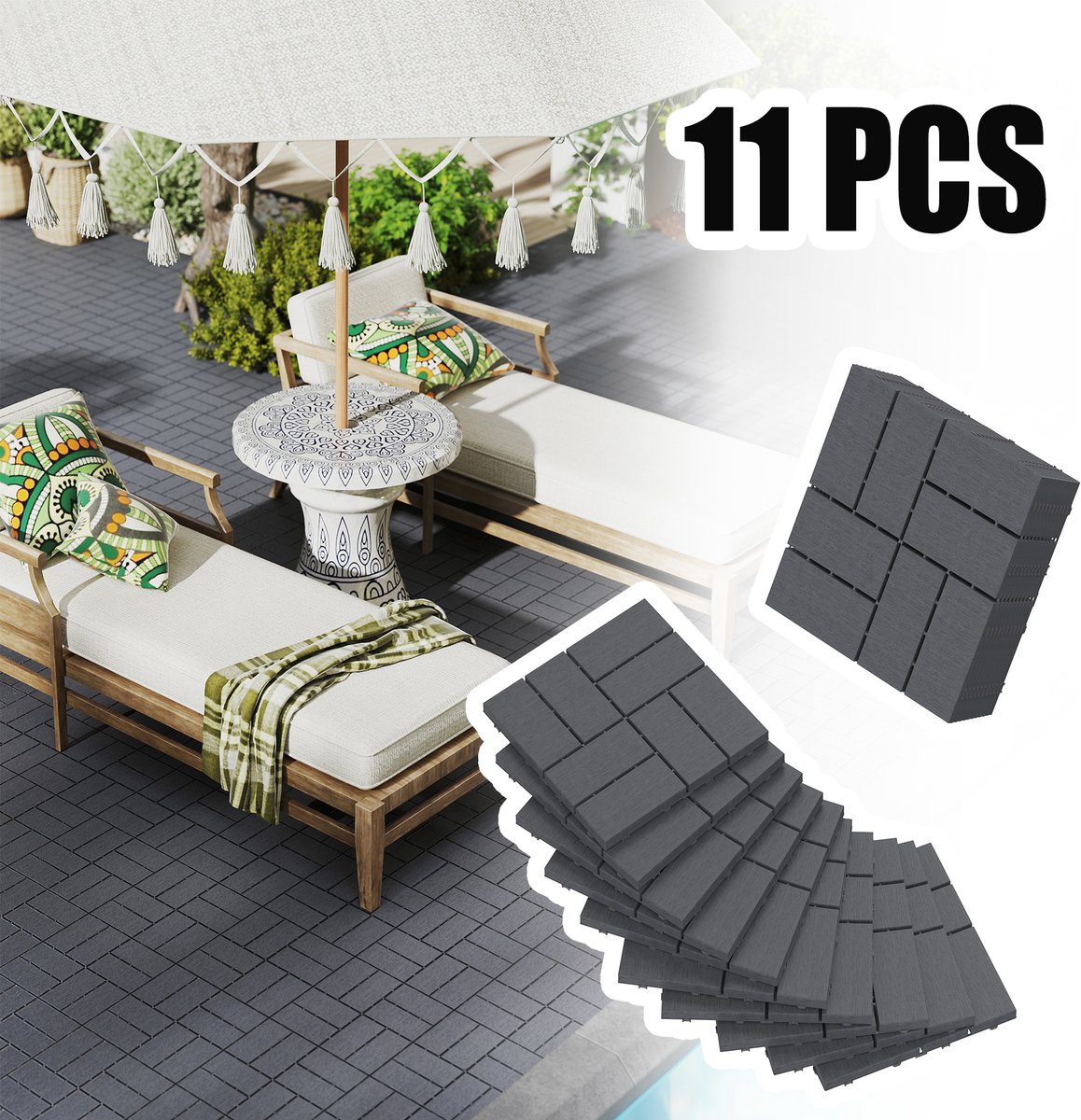 Froadp 11 stuks balkontegels met houtlook terrastegels 30x30cm decoratieve kunststoftegels voor terras kliktegels vloerbedekking balkontegel waterbestendig onderhoudsvriendelijk - 1m² antraciet geruit type