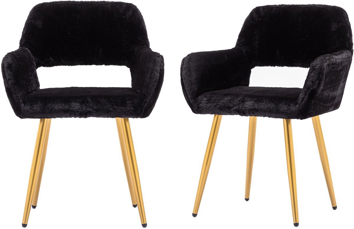 Luxe Eetkamerstoel - Set Van 2 met Teddy Stof en Open Rug - Zwart
