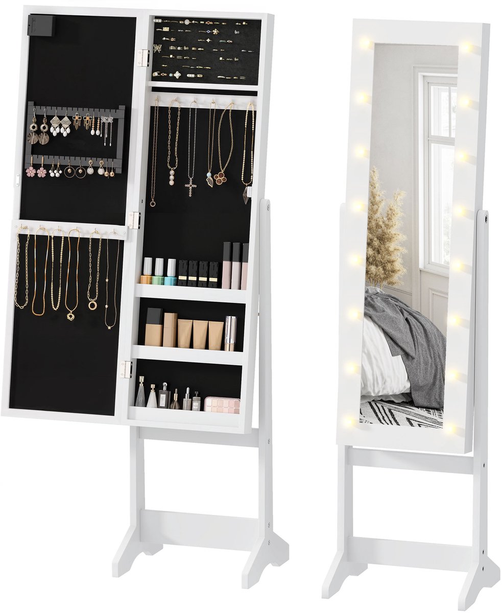 Sieradenkast met passpiegel - op Poten - met ledverlichting - met passpiegel en ingebouwde spiegel - met opbergruimte voor sieraden en cosmetica - wit