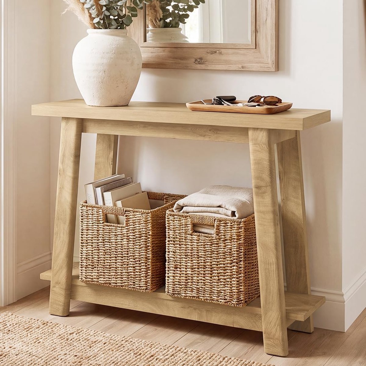 LITTLE TREE Landelijke Consoletafel - 105 x 35 x 80 cm - Met opbergruimte voor kleine ruimtes - Klassieke 2‑laags smalle entreetafel - Tafel achter de bank voor hal en woonkamer - Lichtbruin