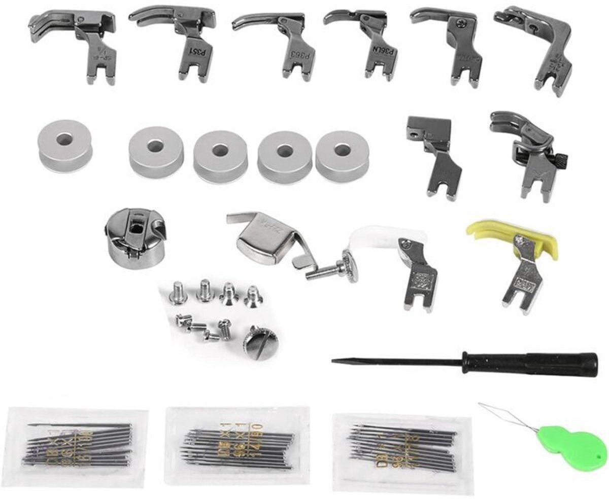 17 sets platte naaivoeten geschikt voor industriële naaimachines, universele naaimachineaccessoires, professionele naaivoeten.