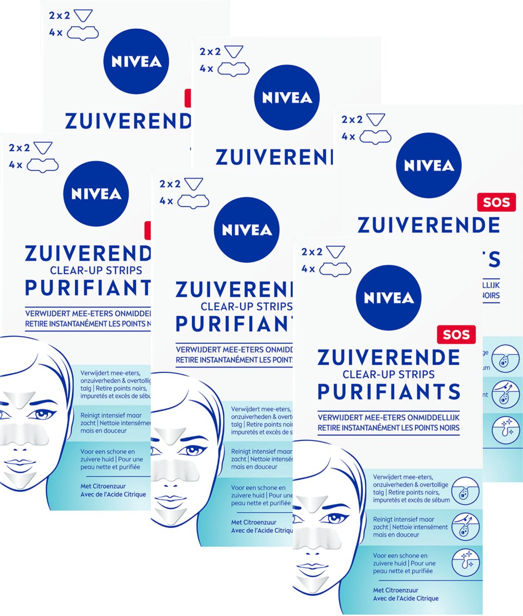 NIVEA Zuiverende Clear-up Strips - Neusstrips Meeeters - Blackhead Remover - Mee eters verwijderen - Pimple Patch - 6x 6 stuks
