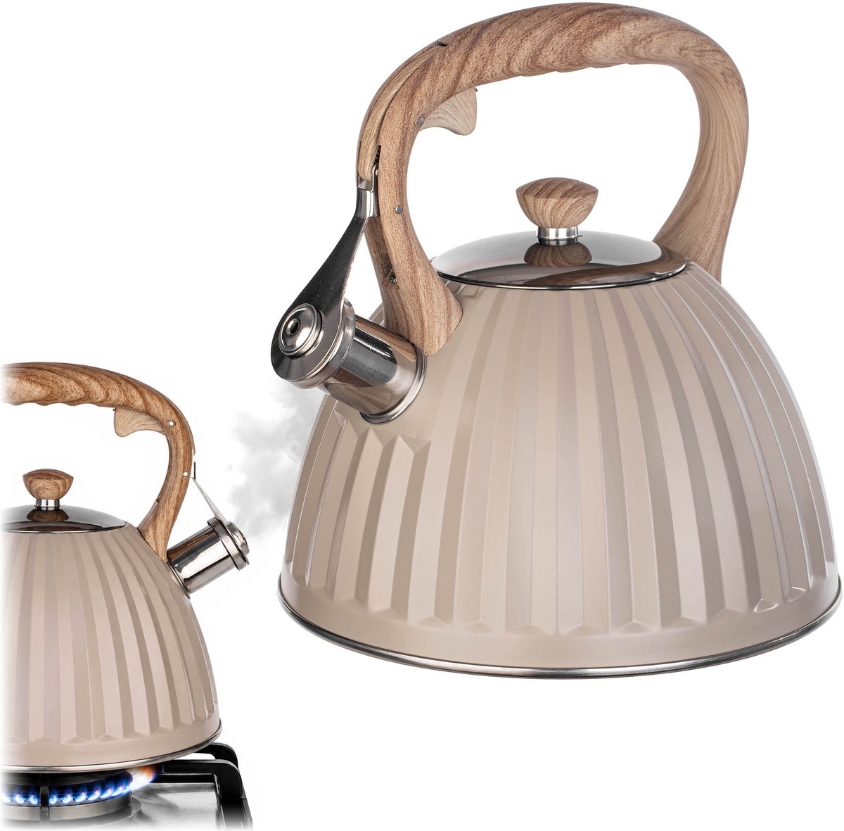 KADAX waterketel 2,8 l van roestvrij staal, theeketel met fluit, afneembaar deksel en hittebestendig handvat in houtlook, fluitketel geschikt voor alle gangbare soorten fornuizen (beige)