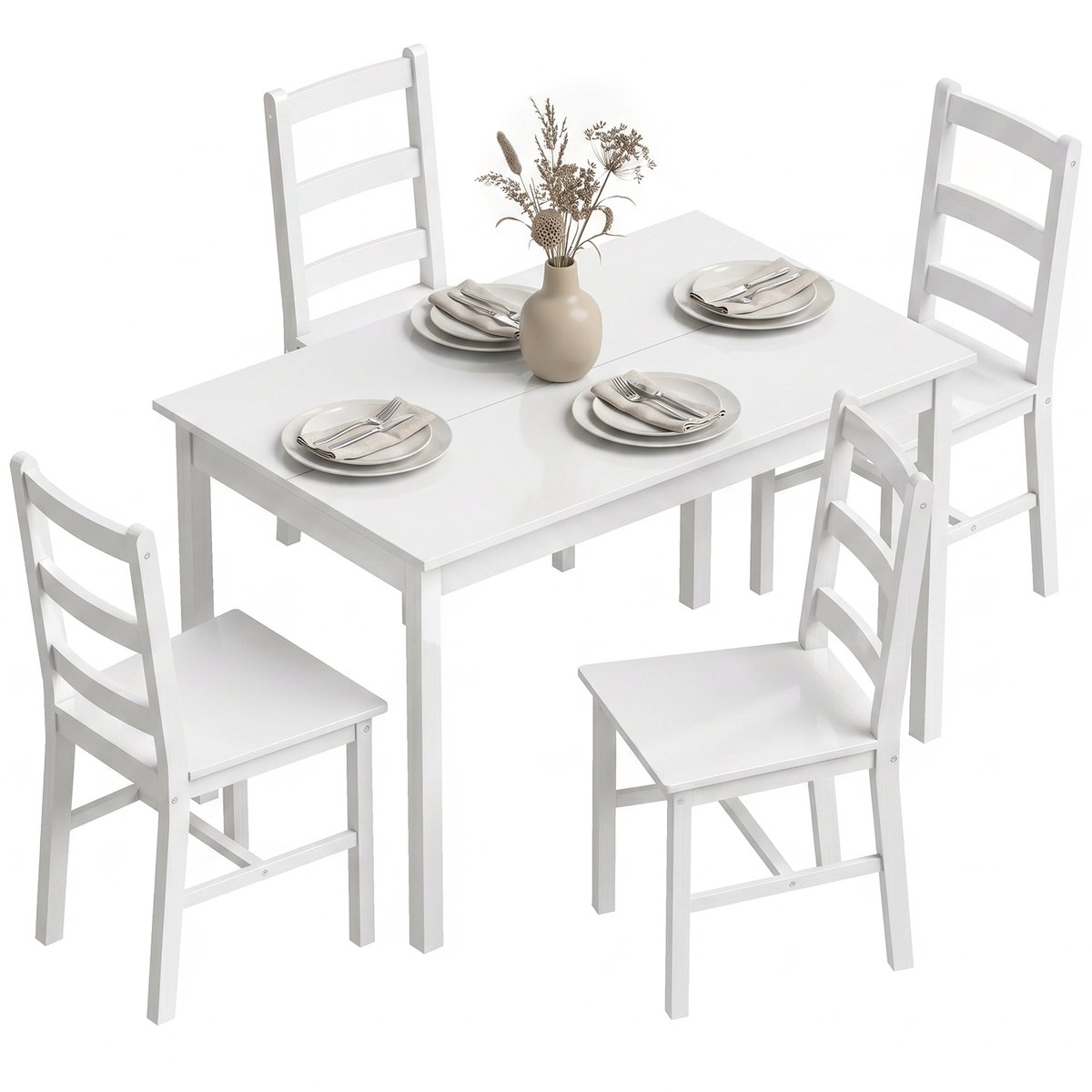 TEKROA®Set tafel en stoelen - 5-delige eetkamerset voor 4 personen - rechthoekige eettafel en stoelen van massief hout - voor kleine ruimtes - wit
