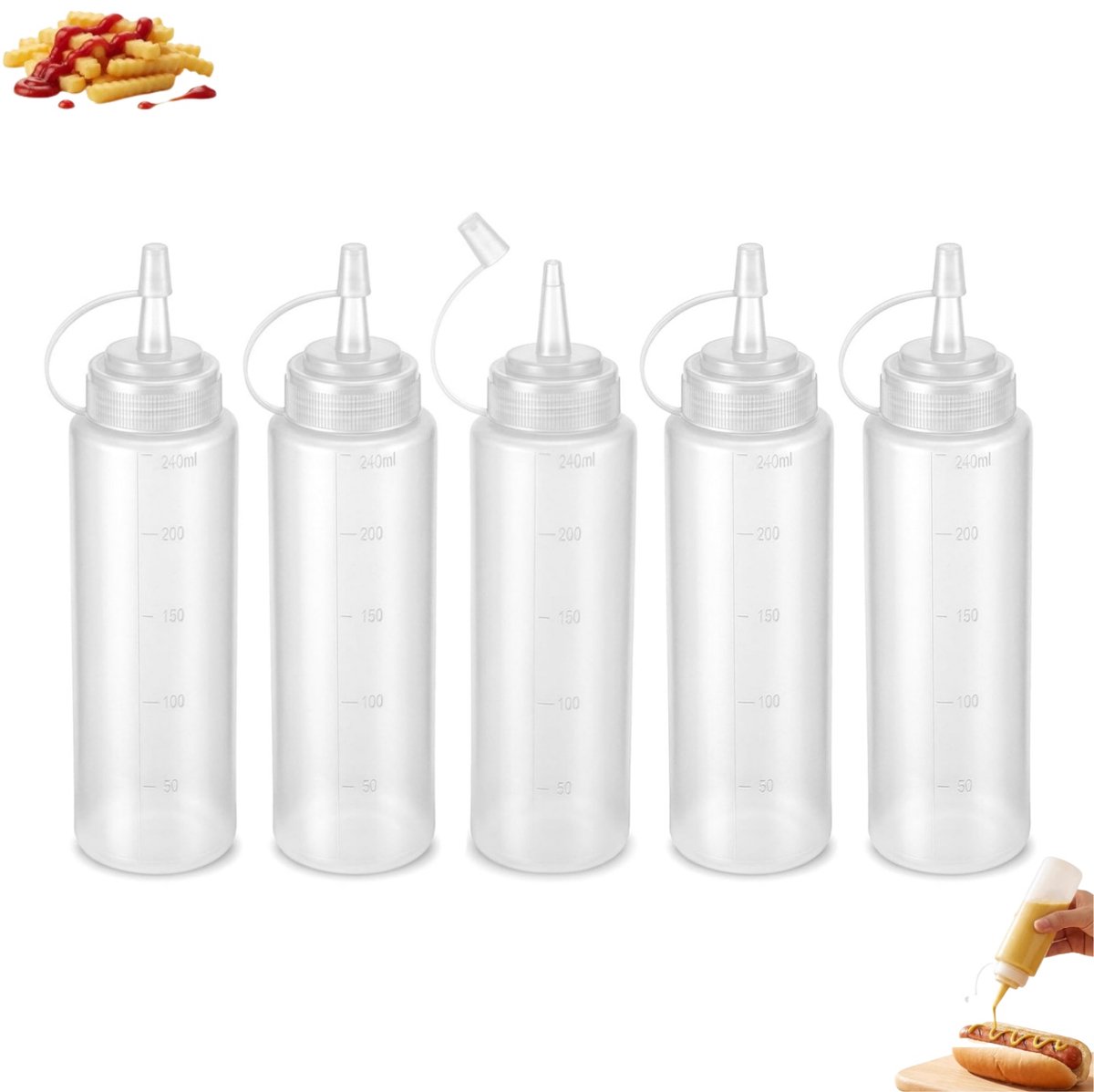 5 stuks – Knijpflessen voor sauzen – Flessen voor saladedressing met maatverdeling – Knijpflessen met precisietuit – Veelzijdige knijpflessen (240 ml) – Herbruikbare sausflessen – Geschikt voor sauzen, ketchup, barbecuesaus, siroop en verf