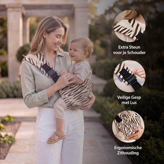 LUVION® Baby Sling FLORENCE Savannah Zebra - Heupdraagzak Baby - Ergonomische Hip Carrier - Draagzak - Tot 16 kg - Bruin met Zebrapatroon van Luvion — afbeelding 3