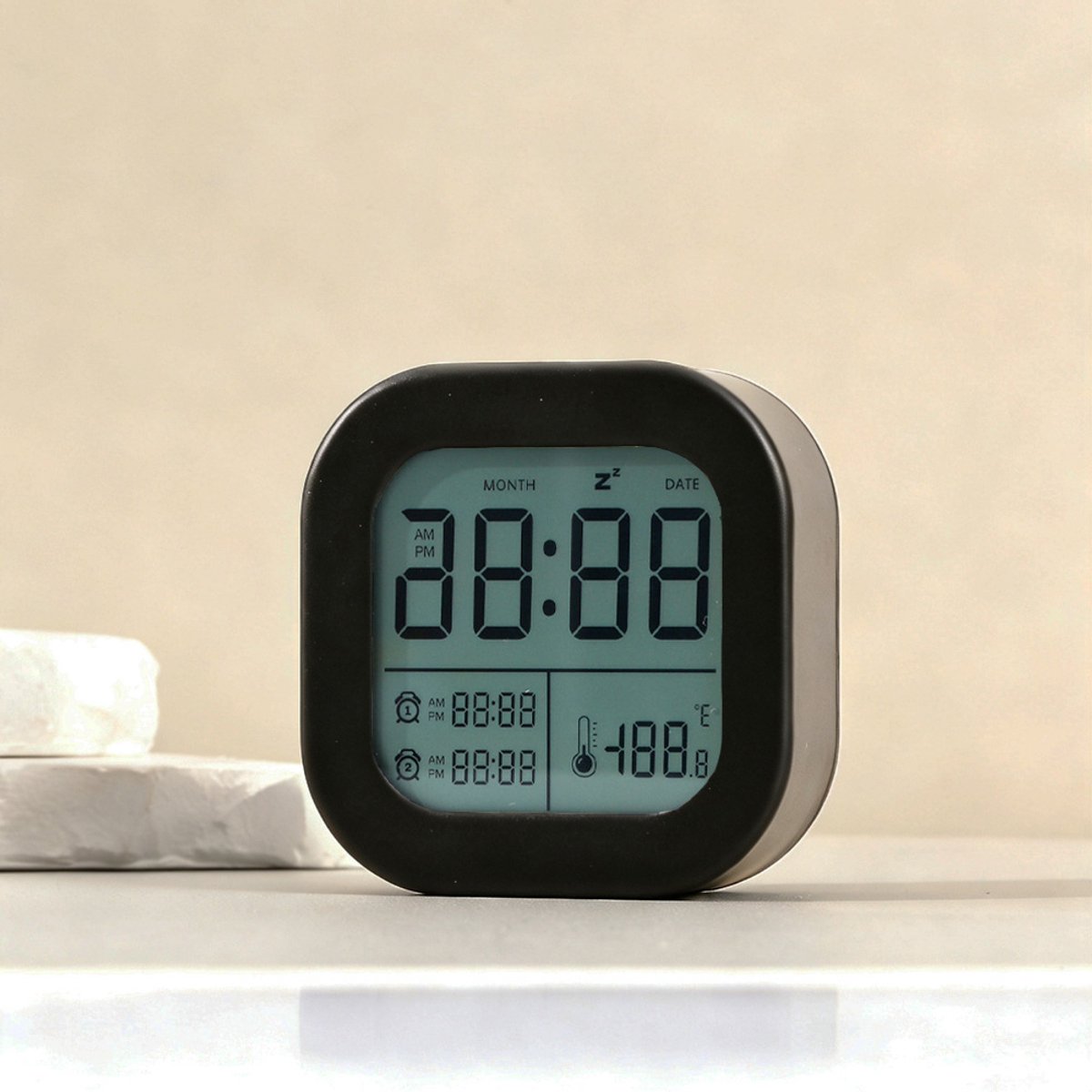 Vierkante digitale wekker - Dubbel alarm, temperatuurweergave -Digitale wekker met timer‑functie, temperatuur‑ en vochtigheidsweergave- DZ2390 (Zwart)