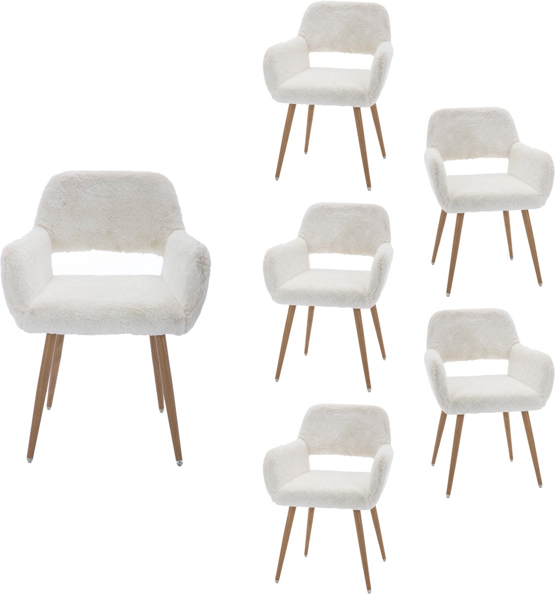 Luxe Eetkamerstoel - Set Van 6 met Teddy Stof en Open Rug - Wit