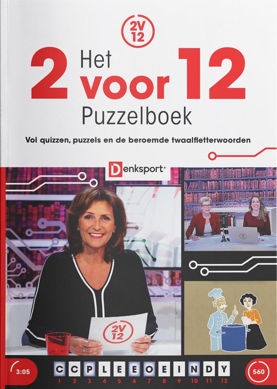 Het '2 voor 12 Puzzelboek' met quizzen, puzzels en twaalfletterwoorden. Presentatrice en quizdeelneemsters in de studio.