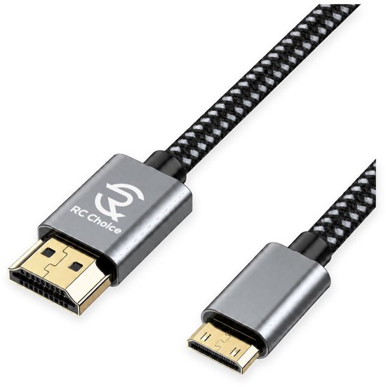 Mini HDMI naar HDMI kabel met zwarte en grijze gevlochten mantel en gouden connectoren.