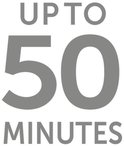 Tekst 'UP TO 50 MINUTES' in grijs.