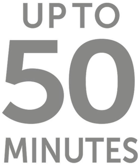 Tekst 'UP TO 50 MINUTES' in grijs.
