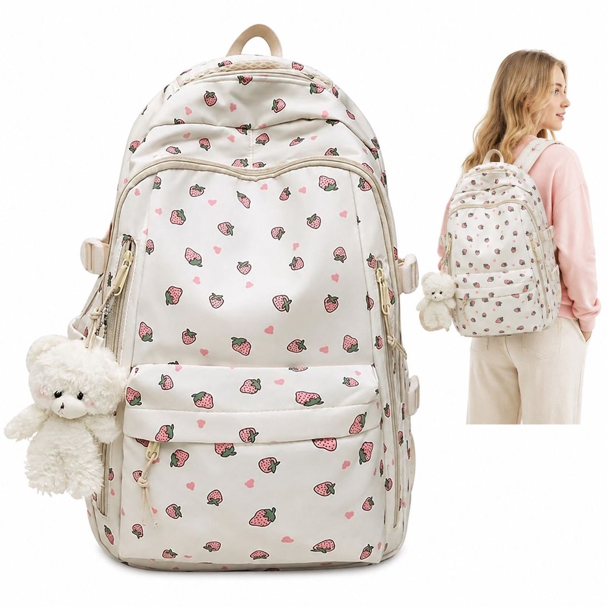 Bobypet - Damesrugzak - 15,6 inch laptoprugzak met 8 vakken - waterbestendig nylon - roze bloemen- en aardbeienprint