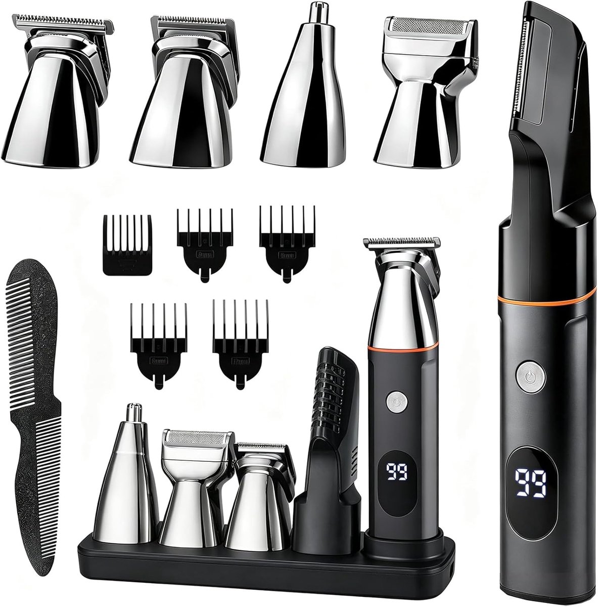 Tondeuse voor Mannen – 6-in-1 Tondeuse met Digitaal Display – Baardtrimmer en Haartrimmer – Elektrisch Scheerapparaat met Magnetische Opzetstukken – Neushaartrimmer en Precisietrimmer – 5 Opzetkammen en Laadstation