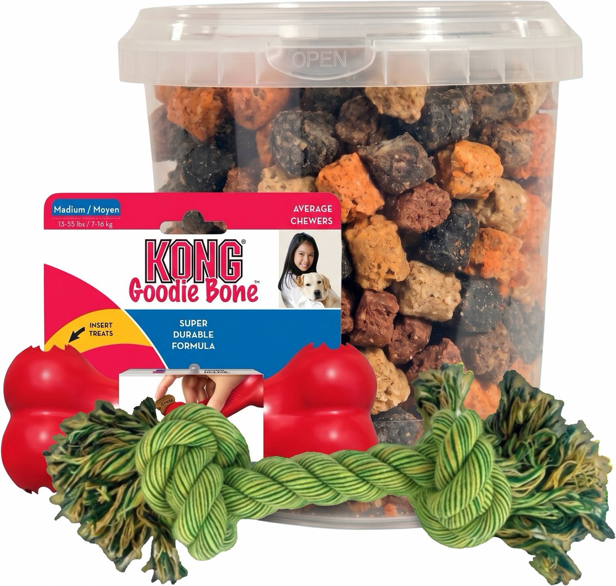 Combideal: Kong Goodie Bone + Mixtrainers Emmer 850 ml + Stevig flostouw