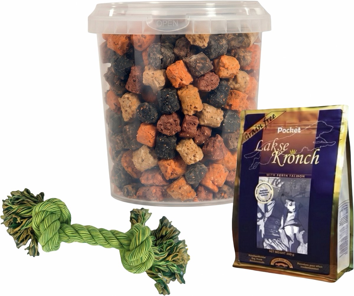 Combideal: Henne Kronch Zalmsnacks Pocket 76% Zalm 600 g + Mixtrainers Emmer 850 ml + Stevig flostouw