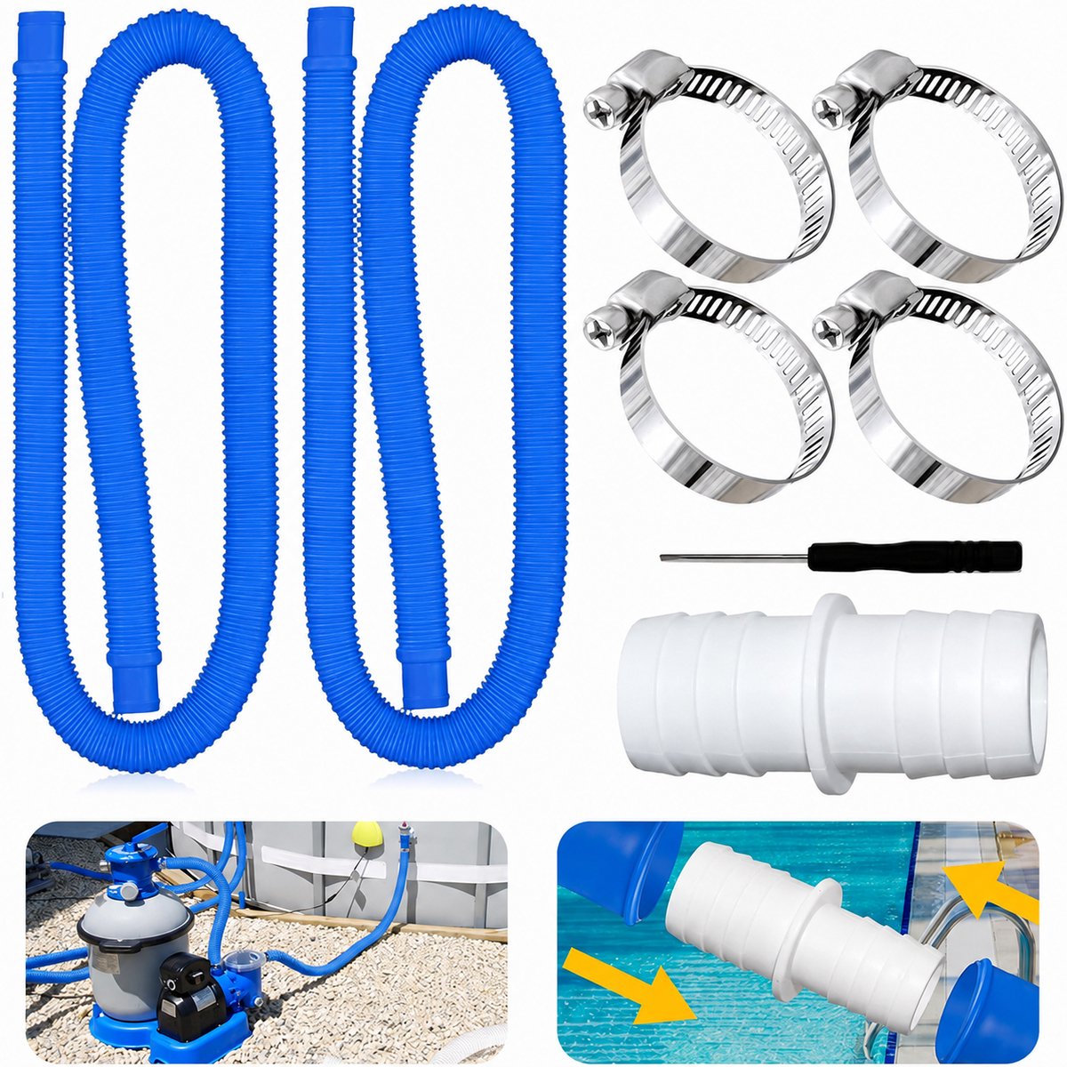 Namajunas Zwembadslang Set - 32mm - Universele Reserve Slang voor Zwembadpomp & Filterpomp - 2 Stuks Slangen van 1.5m - Inclusief 4 Slangenklemmen & Koppeling - Slang Zwembad Flexibel - Geschikt voor Intex & Bestway - Lekvrij & UV-bestendig - Blauw