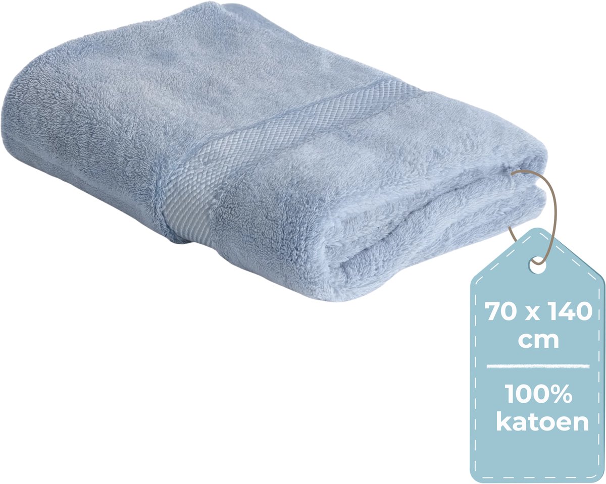 HUSH Living - Badhanddoek - per Stuk - 70×140 cm - 100% Katoen - Zware Kwaliteit 500g/m2 - Stijlvol Boord en Ophanglus - Blauw/Grijs