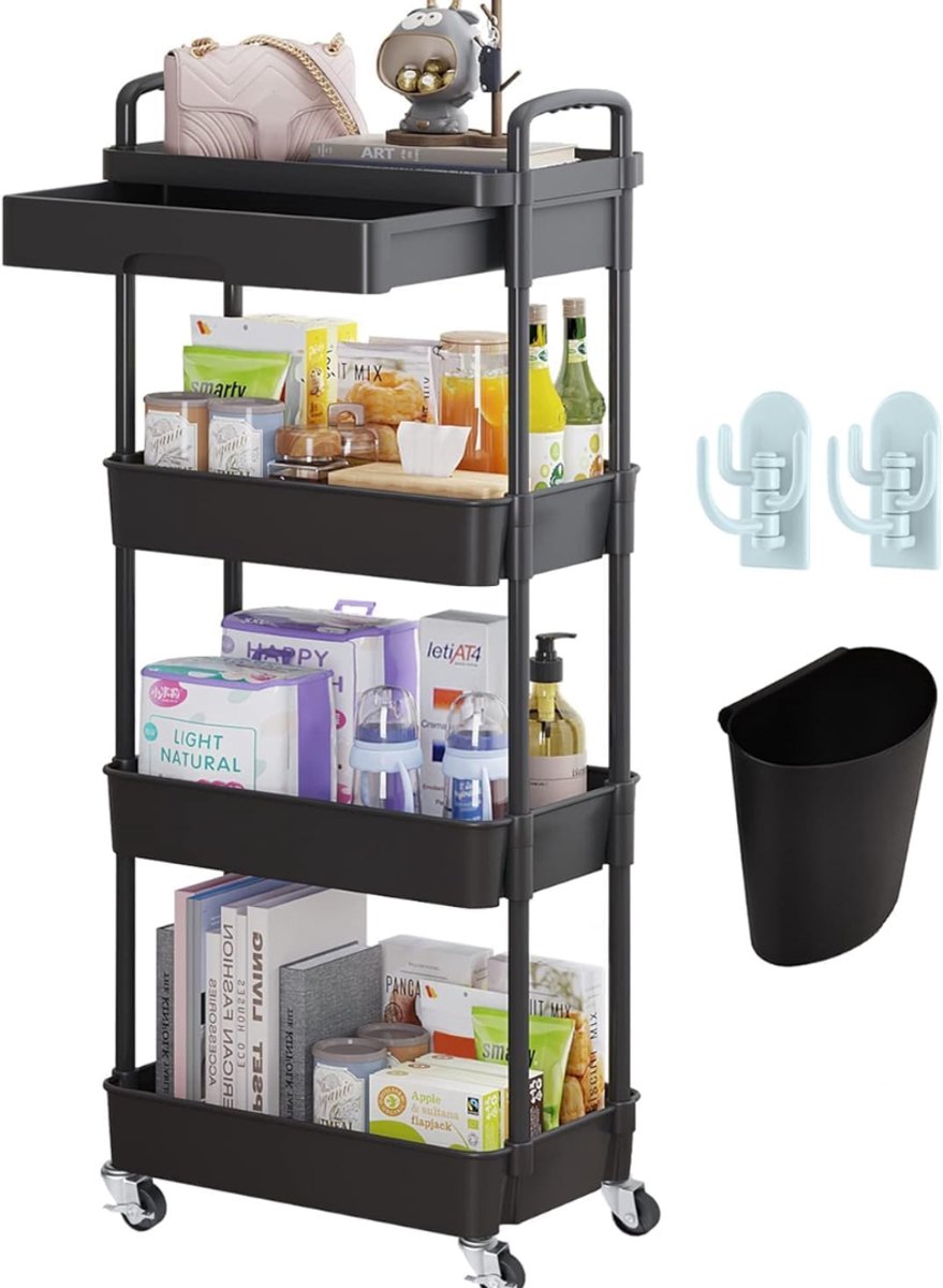 Lìon® Keukentrolley - Badkamer Organizer - Keukentrolley Op Wieltjes - Zwart - 40cm x 30cm x 78cm