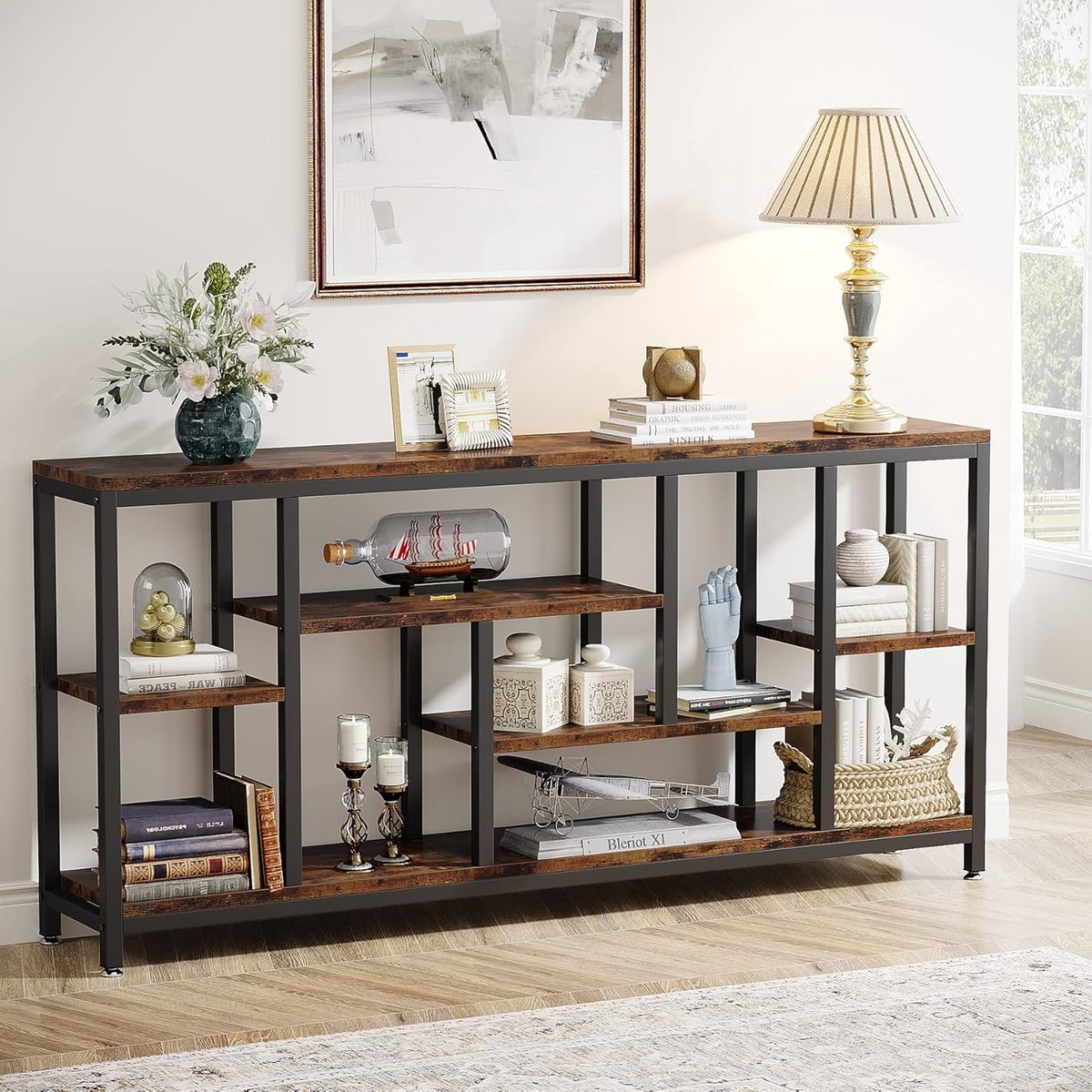 Tribesigns Consoletafel - 180 x 30 x 83 cm - Sidetable met Opbergvakken - 3-laags Haltafel - bruin - Industrieel - voor Hal, Woonkamer, Entree