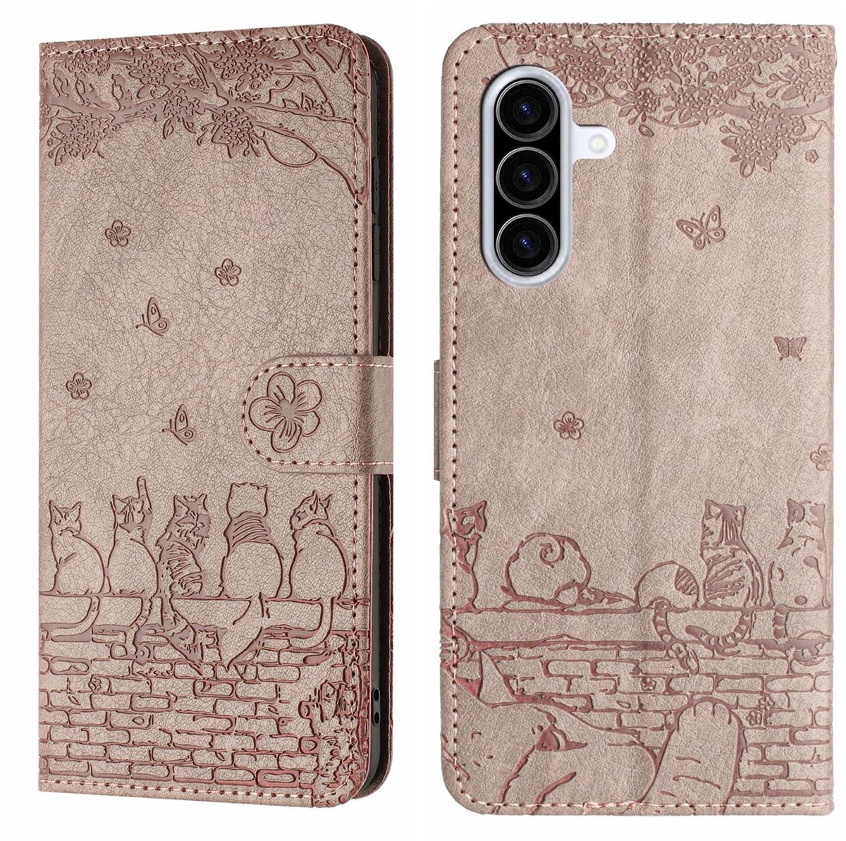 BookCover Hoes Etui geschikt voor Samsung Galaxy A27 - Grijs - Katten op Muurtje - Reliëf