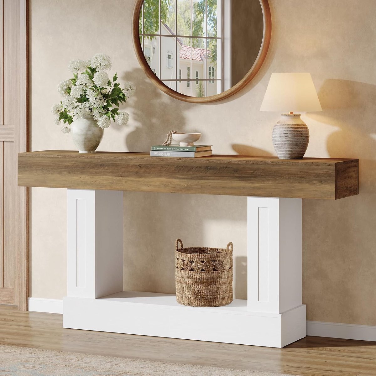 Tribesigns Consoletafel - 160 x 30 x 83 cm - Sidetable met U-vormige voet- Haltafel - Wit en bruin - Industrieel - voor Hal, Woonkamer, Entree