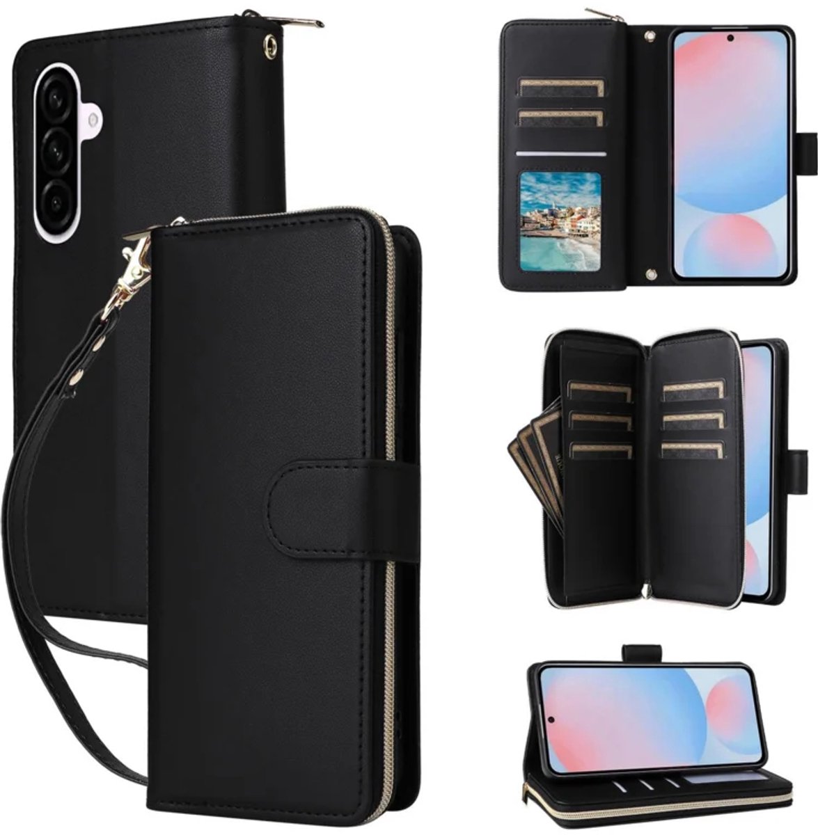 9-Pas Boek-Cover Portemonnee Etui Hoes geschikt voor Samsung Galaxy A57 - Zwart