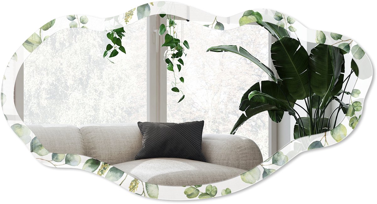 Wallfluent Groene Eucalyptus Spiegel - Groen Moderne Rechthoekige Wandspiegel - Organische Spiegel - Slaapkamer, Woonkamer, Badkamer - Aquarel - 45x90 cm - Totale afmeting 52x97 cm