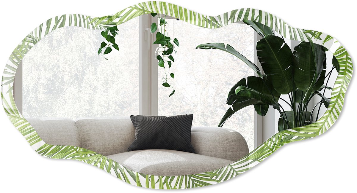 Wallfluent Tropische Bladeren Spiegel - Groen Elegante Rechthoekige Wandspiegel - Organische Spiegel - Woonkamer - Botanisch - 45x90 cm - Totale afmeting 52x97 cm