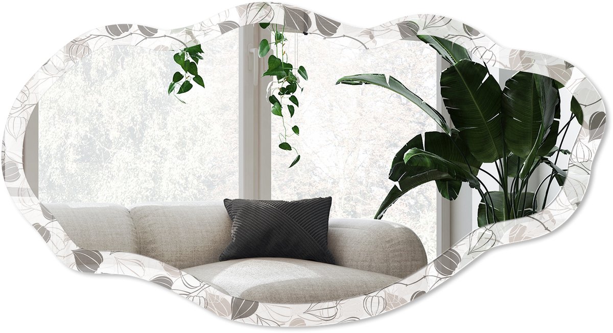 Wallfluent Plantenpatroon Spiegel - Wit Rechthoekige Spiegel Met Modern Design - Organische Spiegel - Slaapkamer, Woonkamer, Kledingkast - Minimalistisch - 45x90 cm - Totale afmeting 52x97 cm