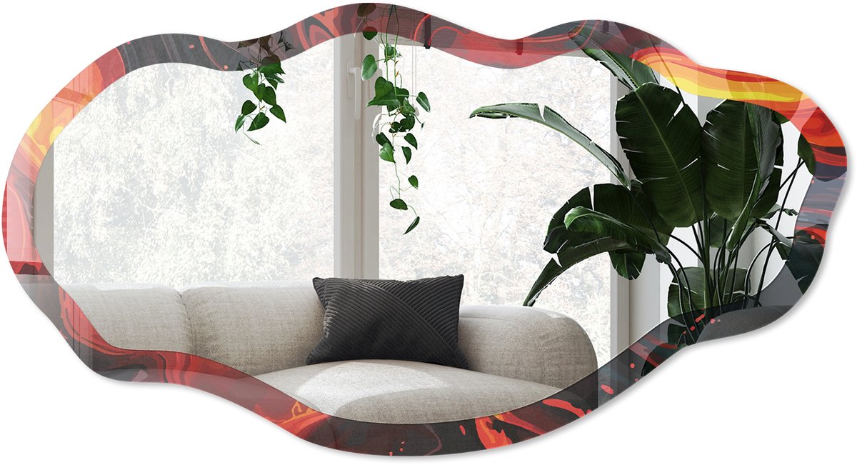 Wallfluent Vuurmagie Spiegel - Rood Strakke Rechthoekige Spiegel - Organische Spiegel - Woonkamer, Kantoor, Hal - Abstract - 45x90 cm - Totale afmeting 52x97 cm