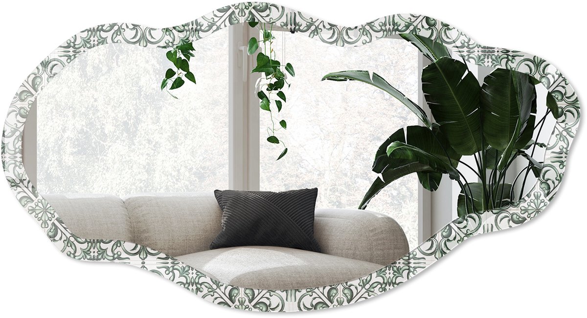 Wallfluent Groen Ornament Spiegel - Groen Rechthoekige Spiegel Voor Interieur - Organische Spiegel - Woonkamer - Geometrisch - 45x90 cm - Totale afmeting 52x97 cm