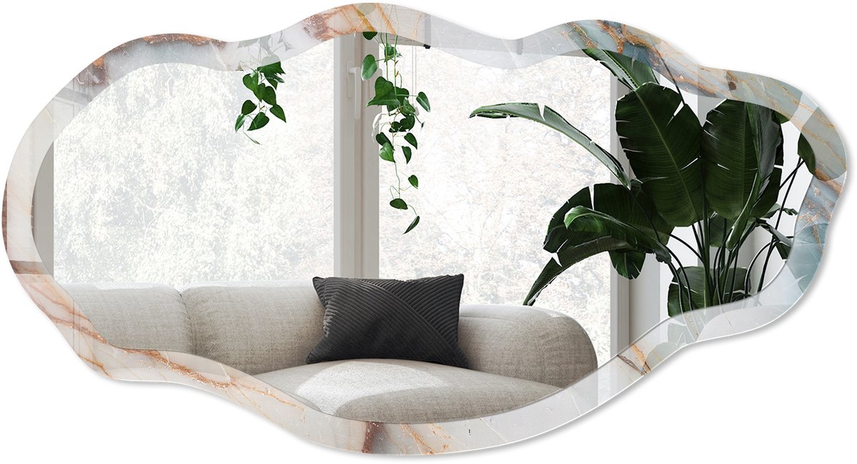 Wallfluent Modern Marmer Spiegel - Romig Stijlvolle Wandspiegel - Organische Spiegel - Badkamer, Woonkamer, Kantoor - Abstract - 45x90 cm - Totale afmeting 52x97 cm